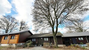 Un edificio de madera de dos pisos con un camino de grava y un gran árbol en la parte delantera.