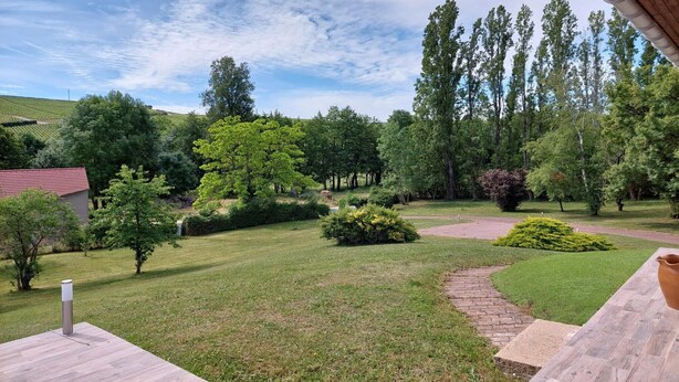 A landscaped garden with a paved patio area, a variety of trees, and a distant view of a red-roofed building.