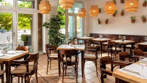 A restaurant with wooden tables and chairs, hanging wicker lamps, and potted plants on the walls.
