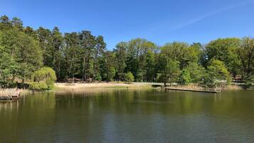 Ein ruhiger See, umgeben von Bäumen und einer Holzsteganlage.