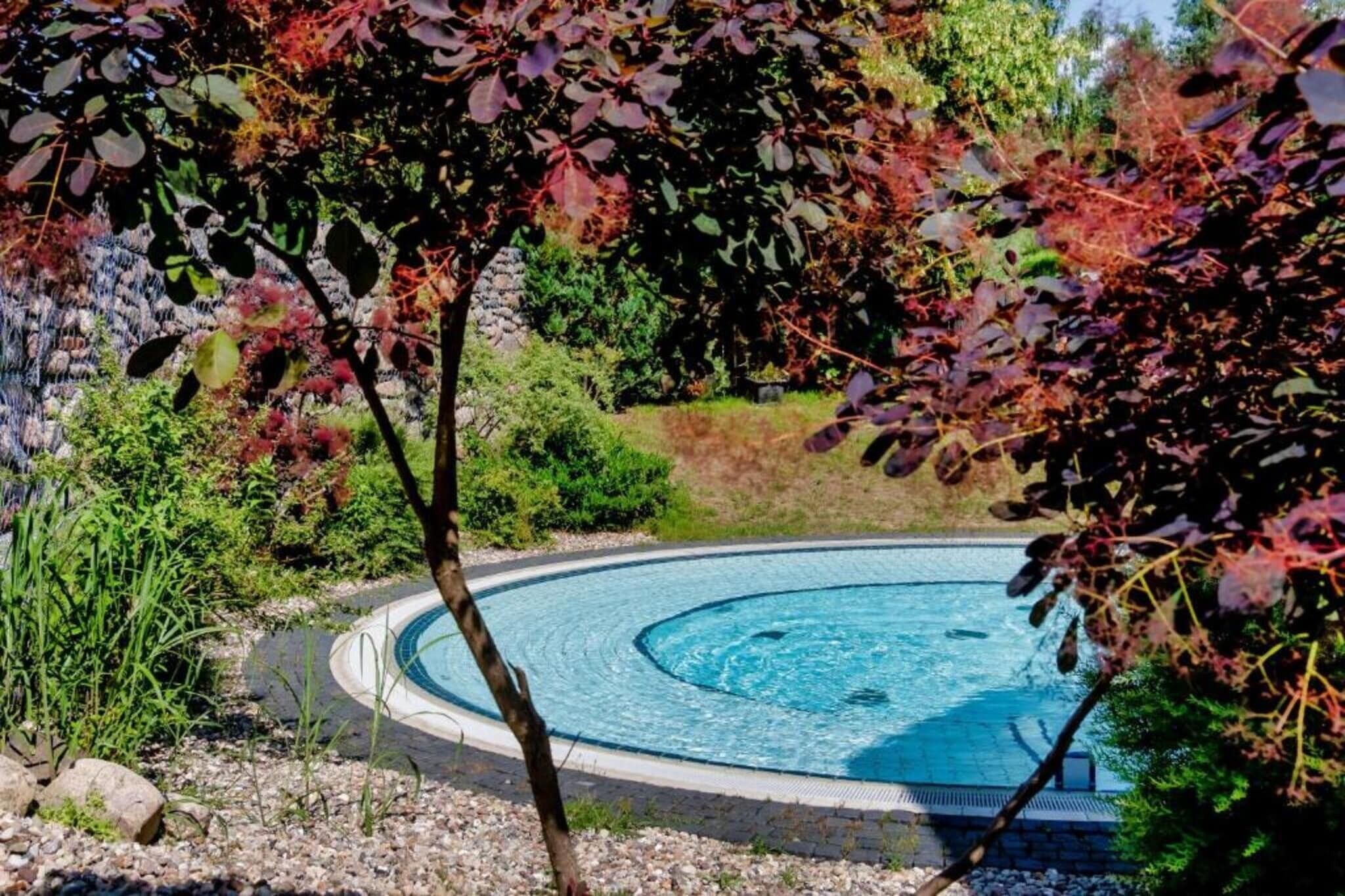 A circular swimming pool surrounded by a stone pathway, with trees and shrubs in the background.