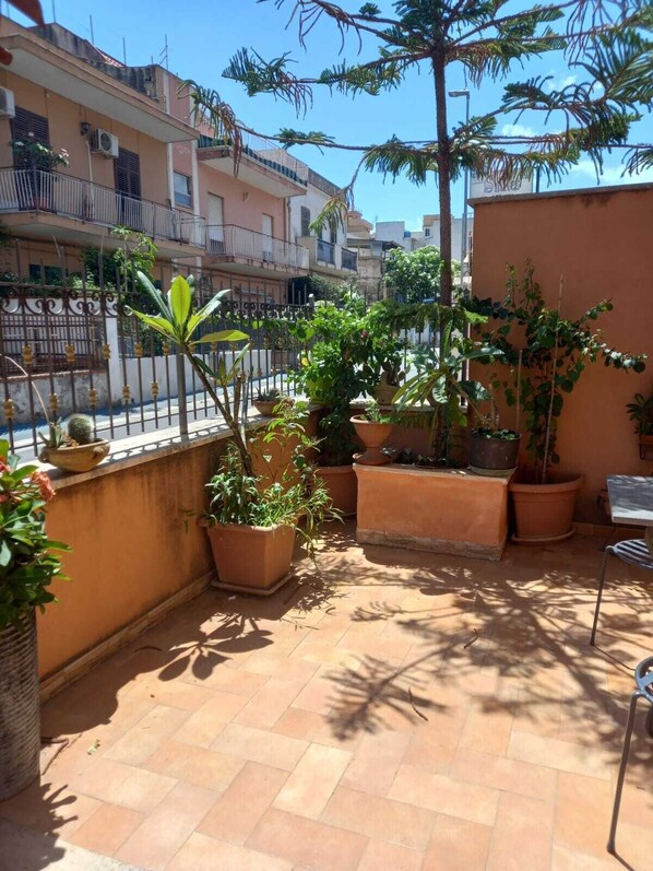 Terraza en la azotea con plantas en macetas, una silla de metal y vistas a edificios vecinos.