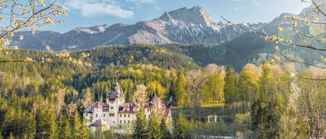A large, historic building surrounded by dense forest and mountains.
