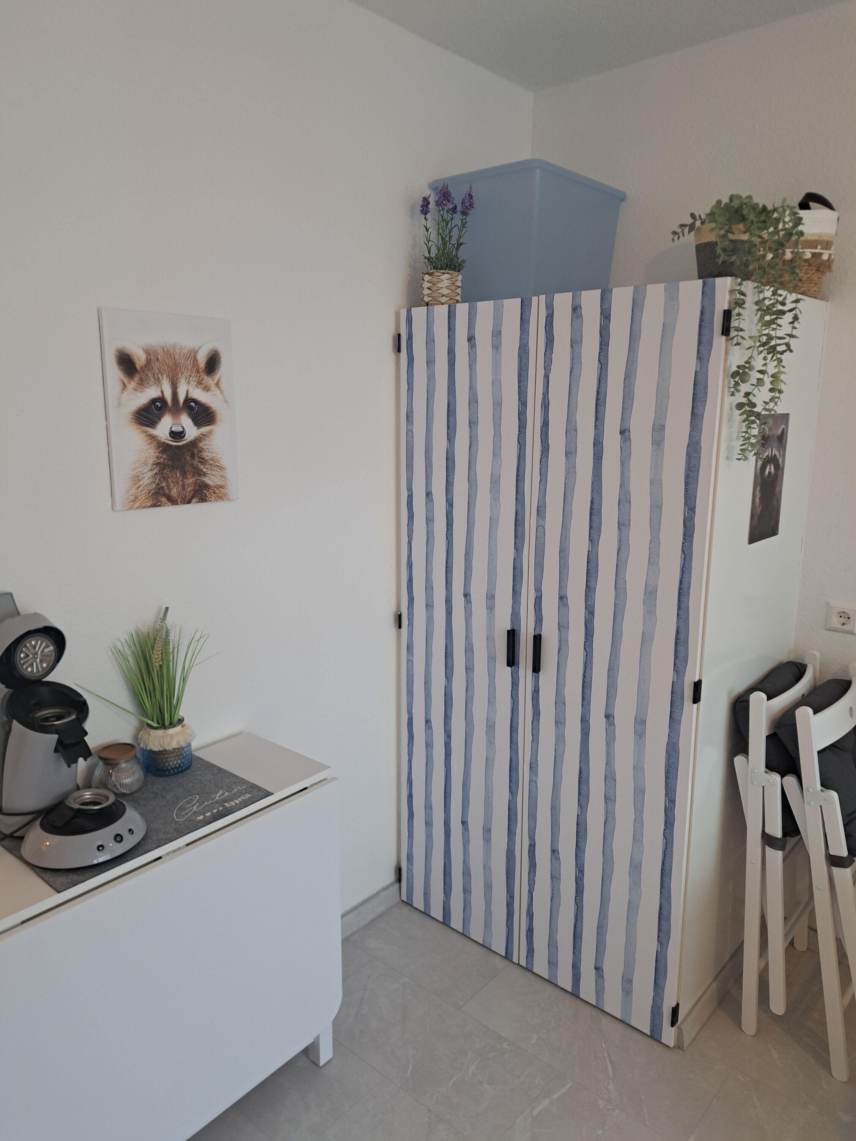 Une cuisine avec un meuble rayé, un tableau sur le thème du raton laveur, une machine à café, une petite plante et une chaise blanche.