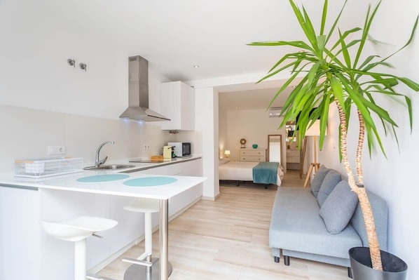 A modern kitchen with a white countertop, a sink, and a stove. There is a grey sofa and a large green plant in the living area. - 1 beach line. Malabau N6 (Tarifa)
