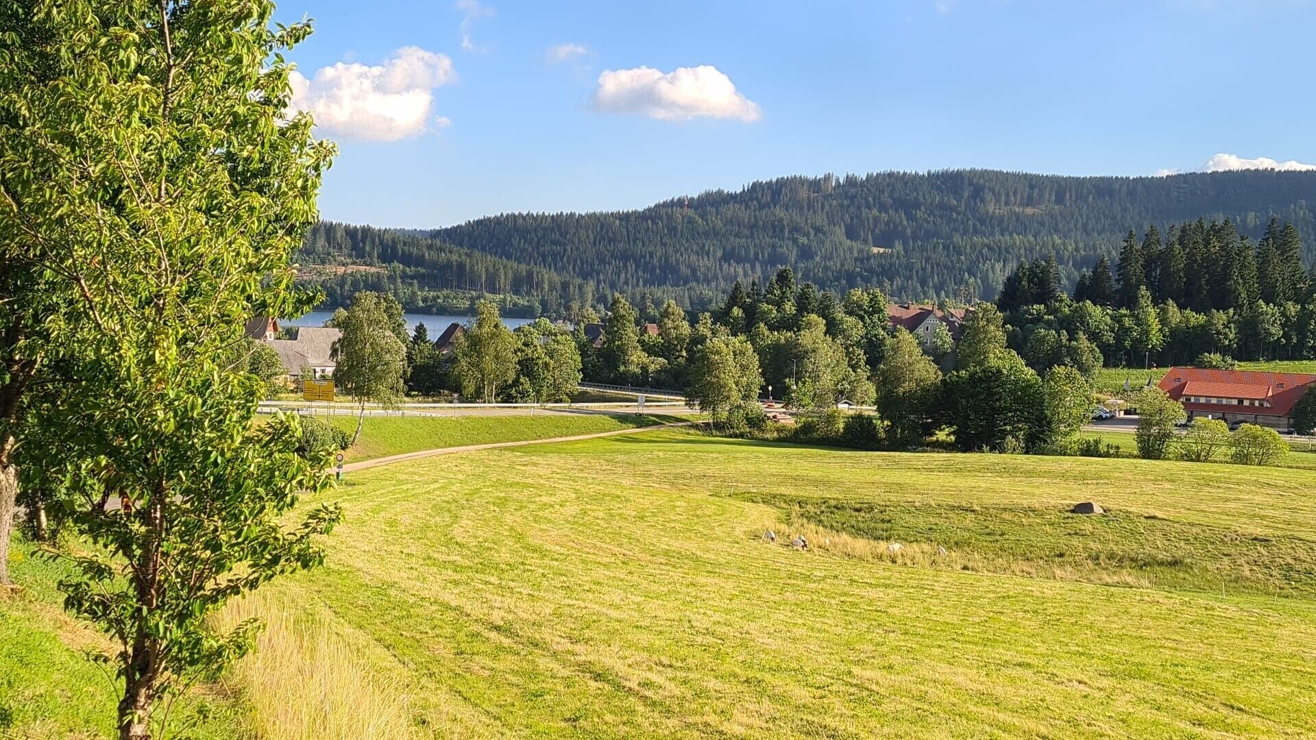 A rural landscape with a clear sky, a body of water, and scattered houses.