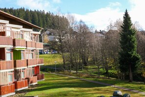 A multi-story building with balconies, a grassy area, and trees in the background. - Apartment Nathalie – Wellness with Pool and Sauna (Schluchsee)
