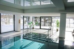 Una piscina interior con paredes de vidrio, escalones de acceso y plantas en macetas.