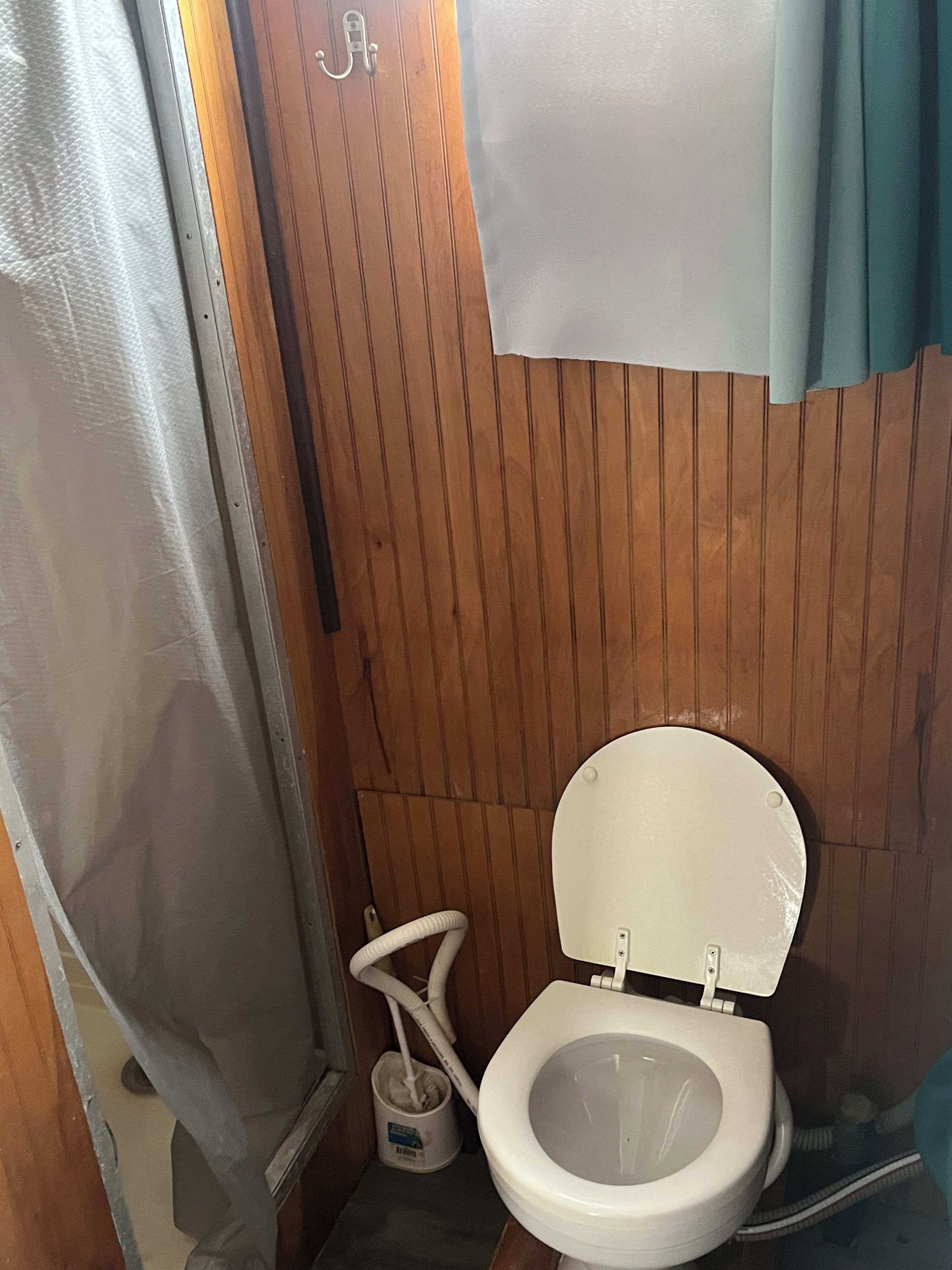 Shower, towels, soap, toilet paper