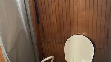 Shower, towels, soap, toilet paper
