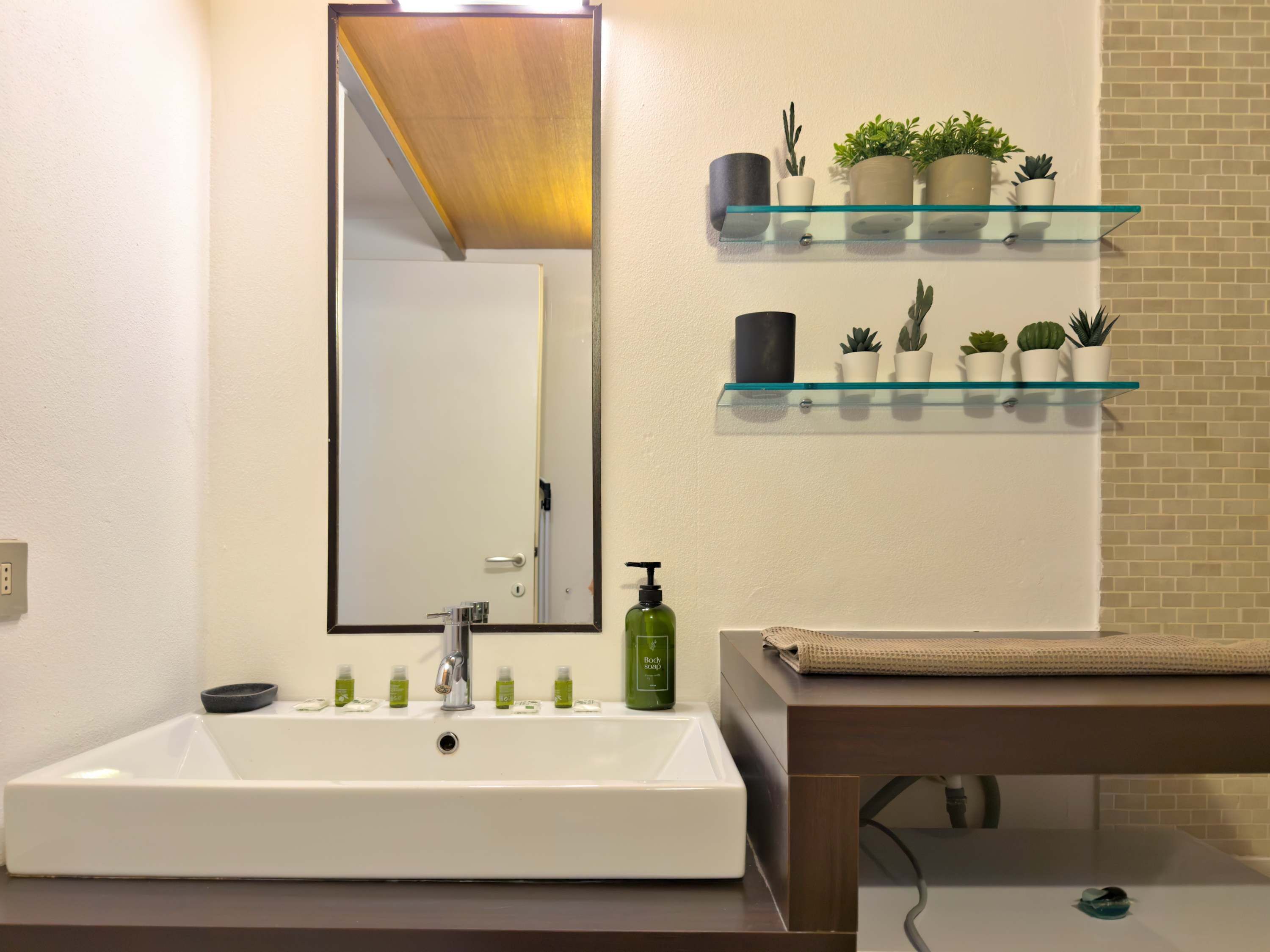 Un baño con un lavamanos blanco, un espejo y dos repisas de vidrio con plantas en macetas.