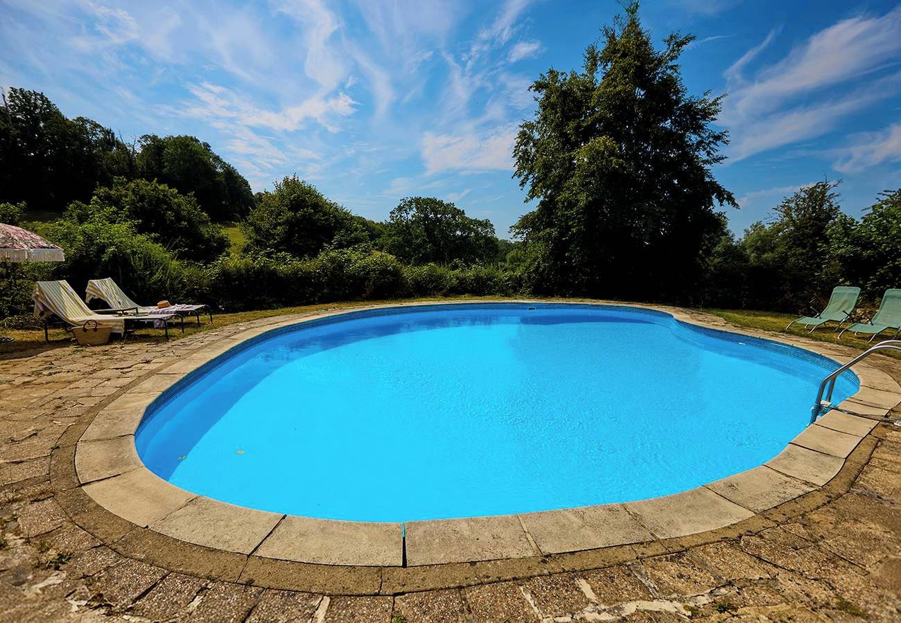 Une piscine bordée de pierres, entourée de verdure et d’arbres.