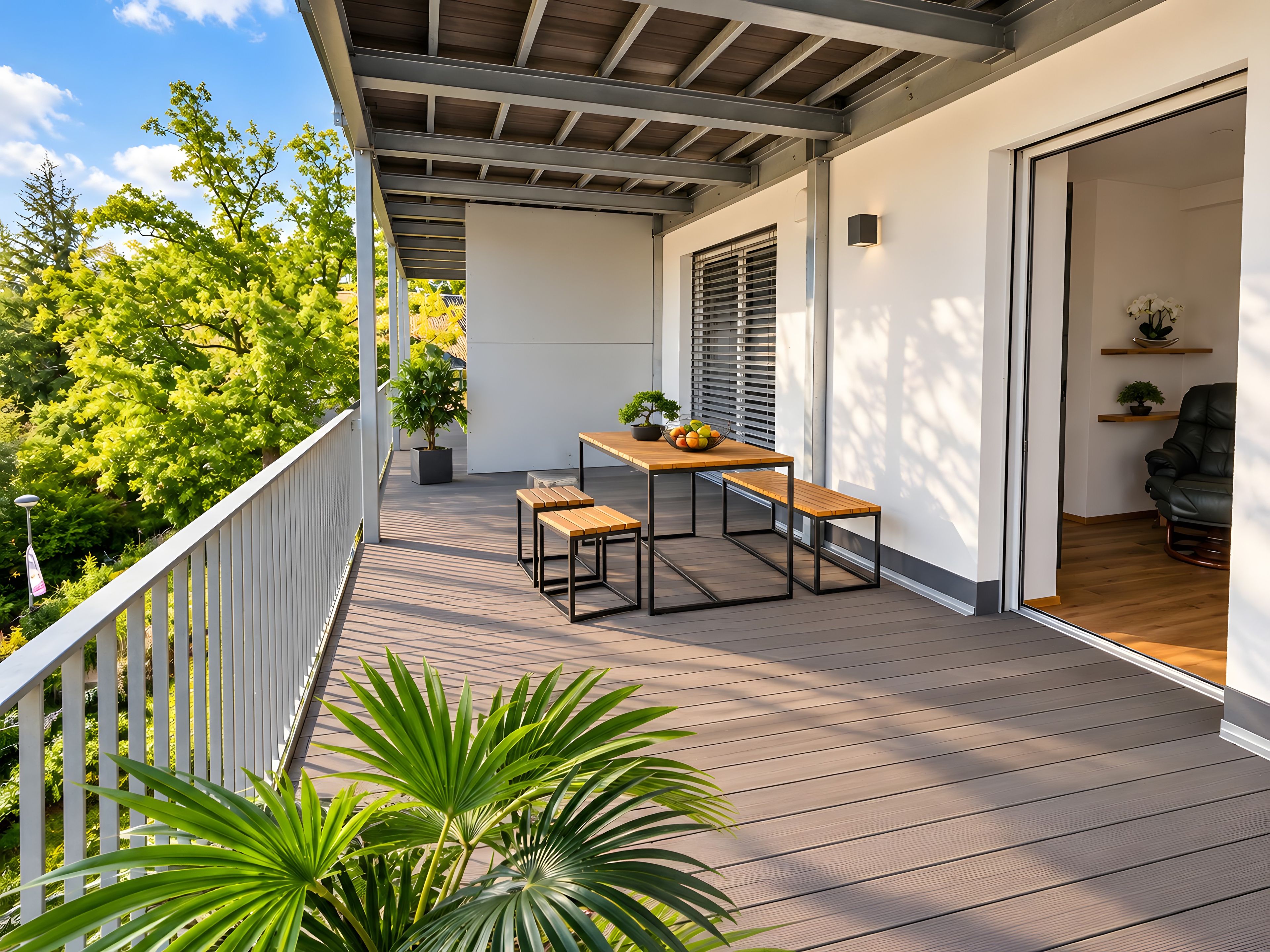A balcony with a wooden table and benches, potted plants, and a view of trees.