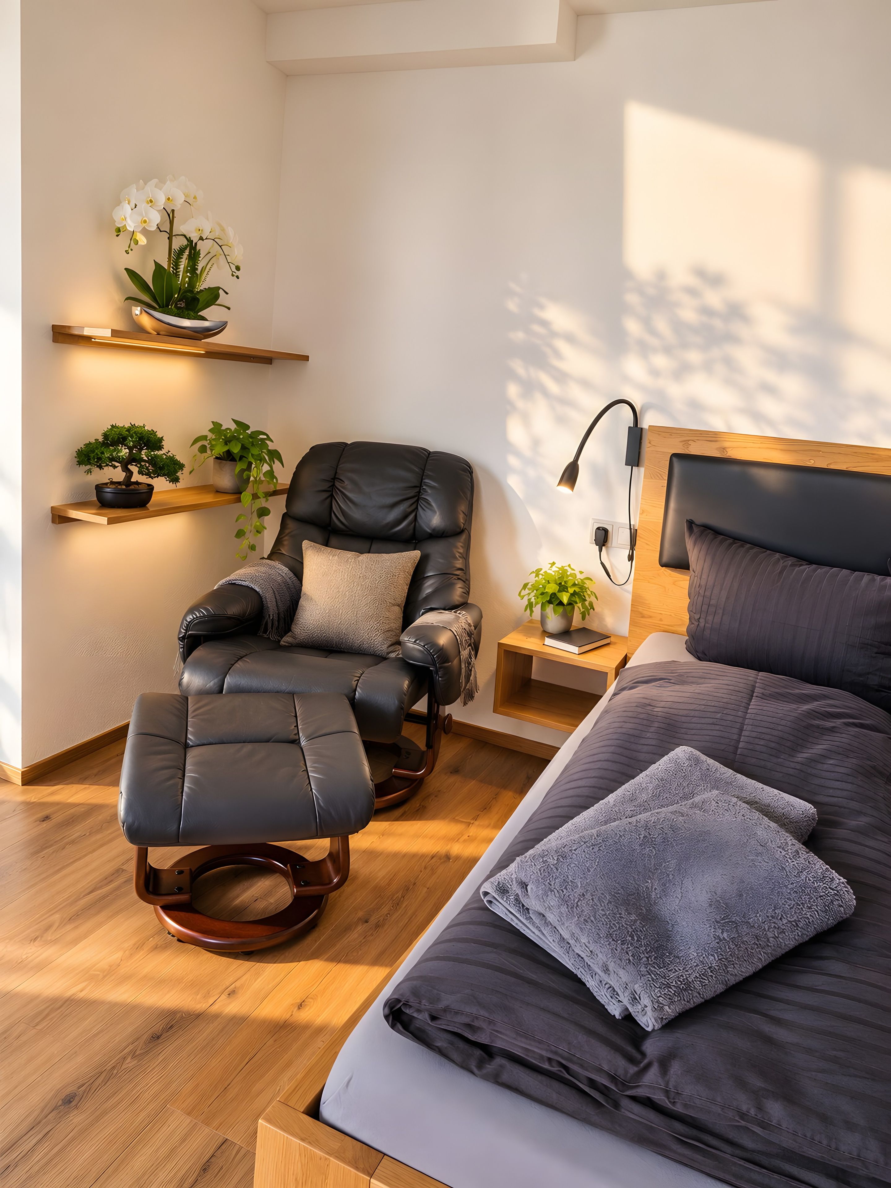 Un dormitorio moderno con un sillón reclinable de cuero, una cama con ropa de cama oscura, una mesita de noche con una lámpara y un estante en la pared con plantas.