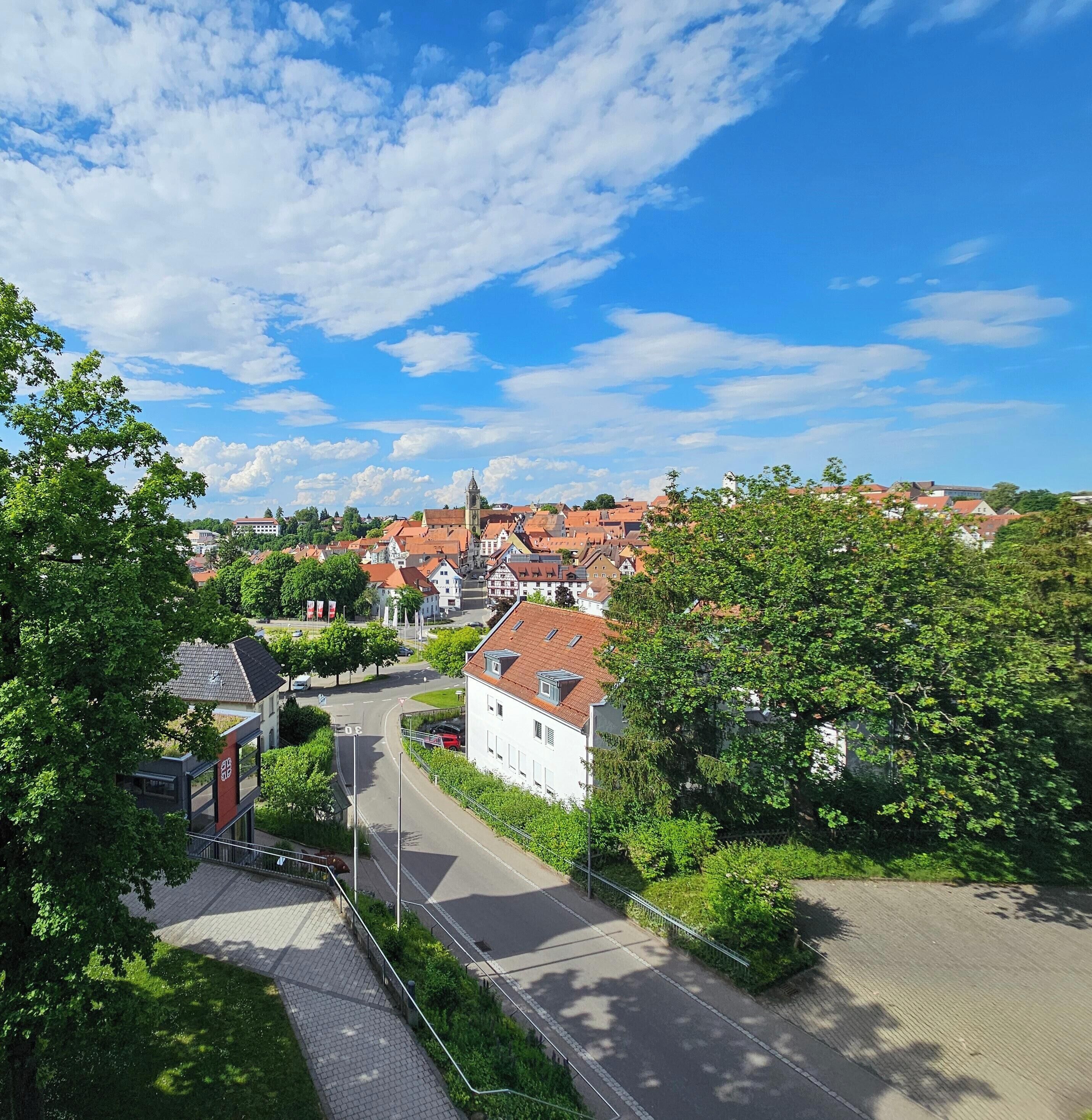 A town with a prominent church, paved streets, and lush greenery.