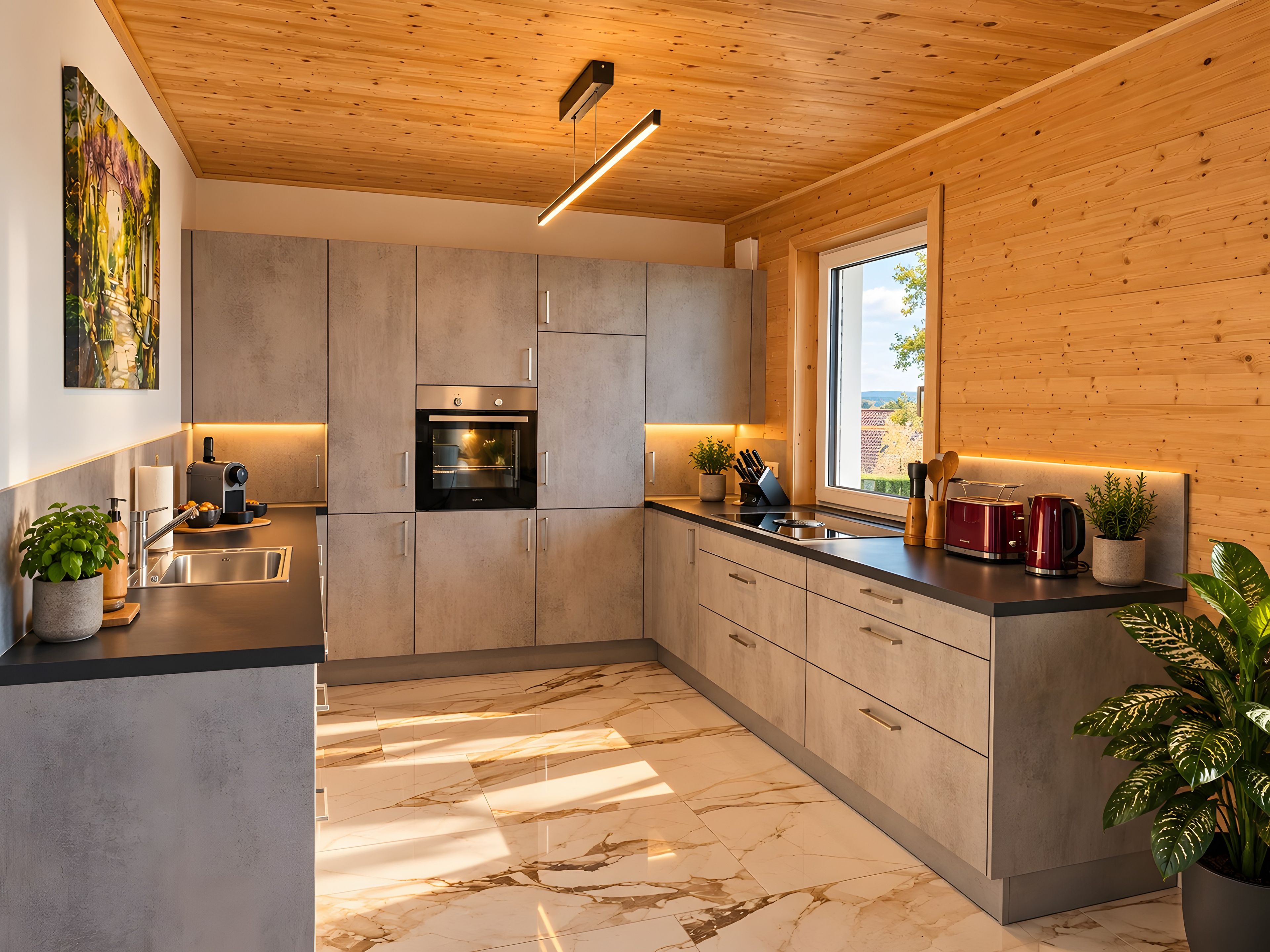 Une cuisine moderne dotée d’un four encastré, d’appareils électroménagers en acier inoxydable et d’un sol en marbre.