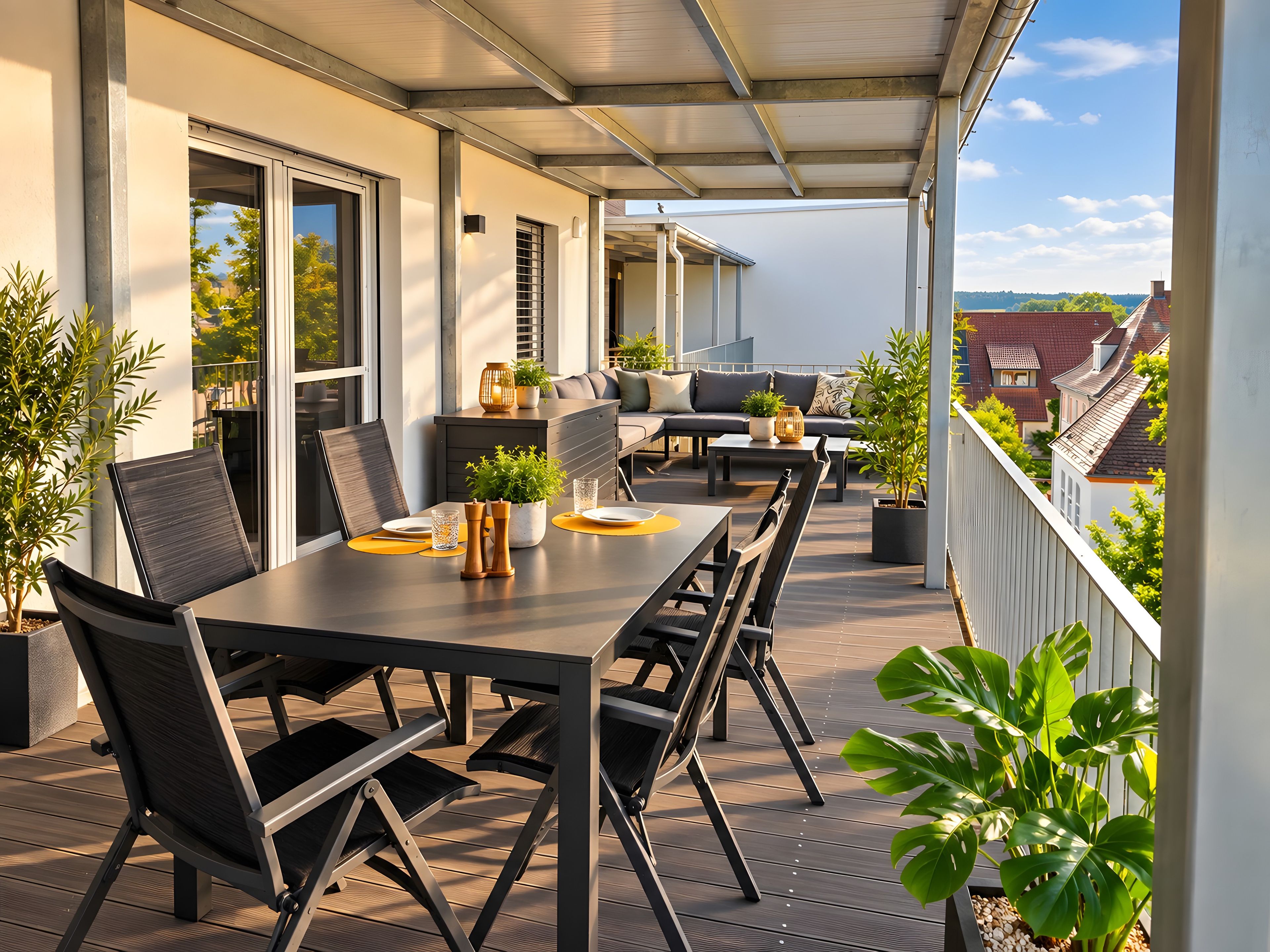 An outdoor patio with a dining table, chairs, and potted plants.
