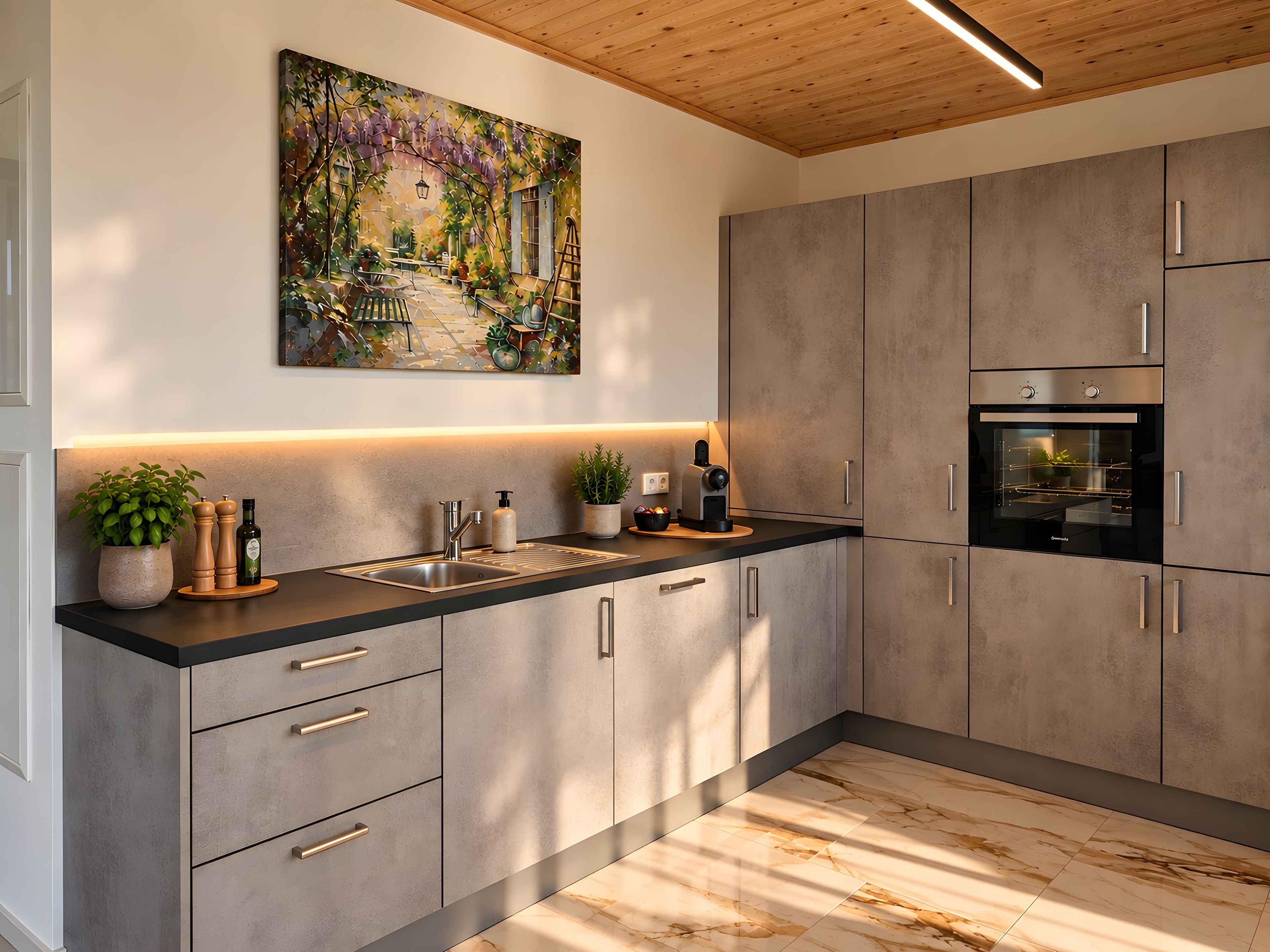 A modern kitchen with a large island, built-in appliances, and a decorative painting above the sink.