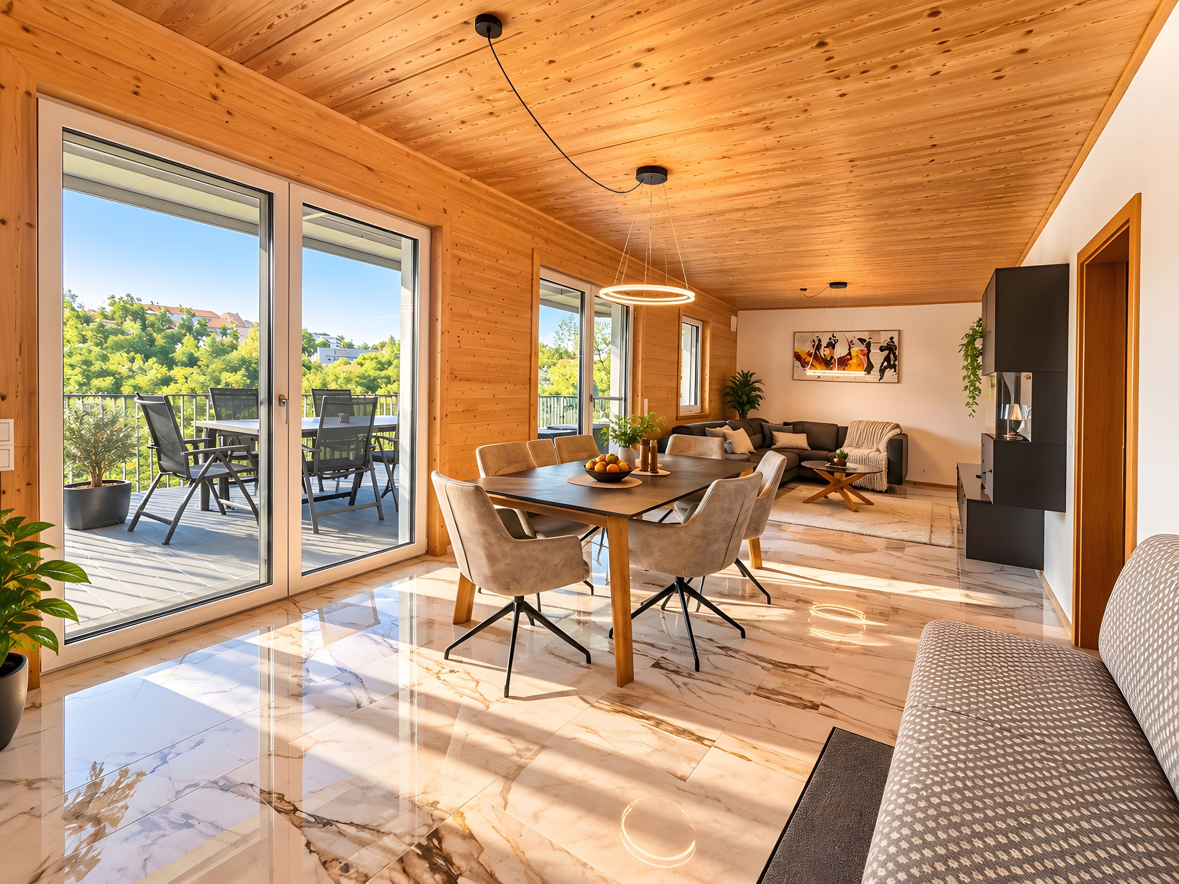 A spacious living area with a wooden ceiling, a dining table with chairs, a sofa, and a large window offering a view of greenery.