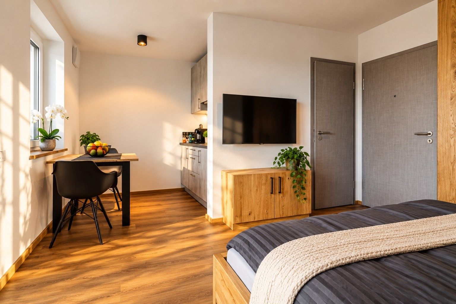 Une chambre moderne avec un lit, un téléviseur fixé au mur, un bureau avec une chaise et une fenêtre laissant entrer la lumière naturelle.