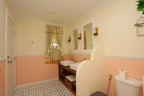 Un baño con inodoro, lavamanos y ducha.
