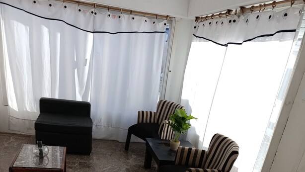 Una habitación con un sofá negro, sillones a rayas, una pequeña mesa y una planta en maceta.