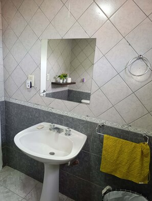 Regadera, secadora de cabello, toallas, jabón 