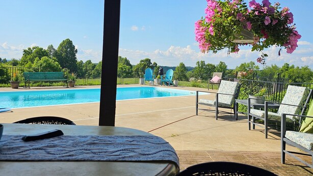 Une terrasse extérieure avec une piscine, des chaises et une composition florale suspendue.