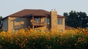 Une maison à deux étages avec un balcon, entourée d’un champ de fleurs jaunes.