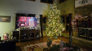 Un salon avec un grand sapin de Noël, une cheminée et un téléviseur diffusant une scène festive.