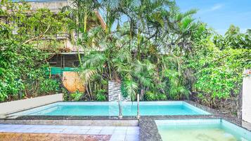 A swimming pool surrounded by lush greenery and a stone wall.