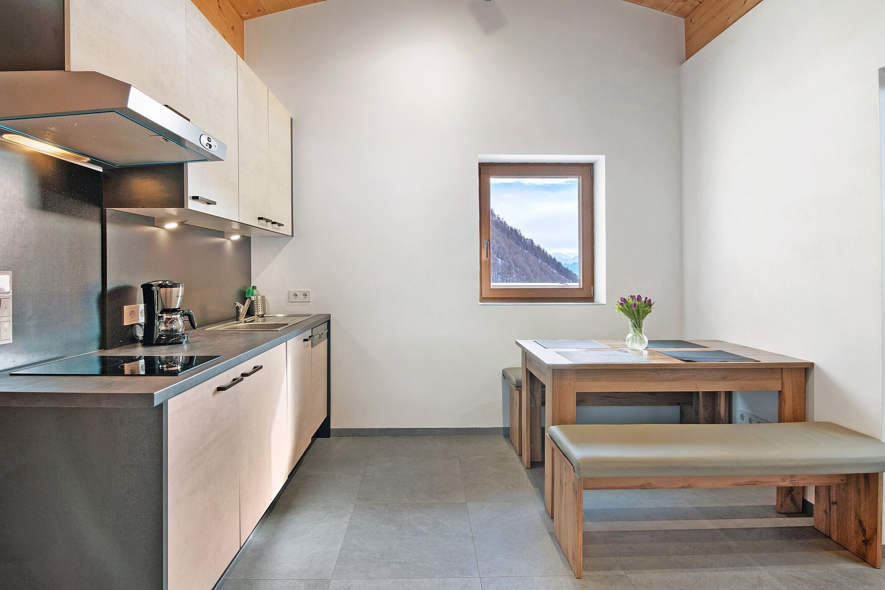 Fridge, stovetop, dishwasher, coffee/tea maker