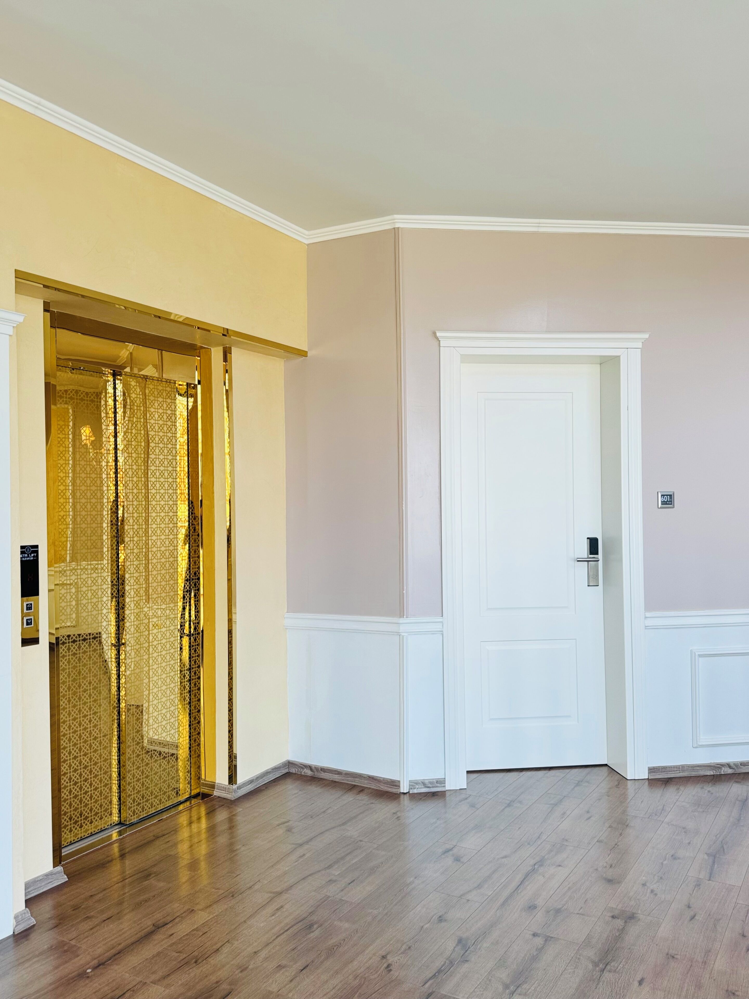 A room with a wooden floor, a white door, and a gold elevator.