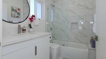 Hair dryer, towels, toilet paper