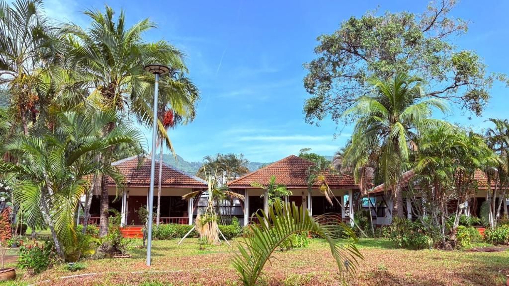 Un complexe hôtelier composé de plusieurs bâtiments de style bungalow, entouré d’une végétation luxuriante et de palmiers.
