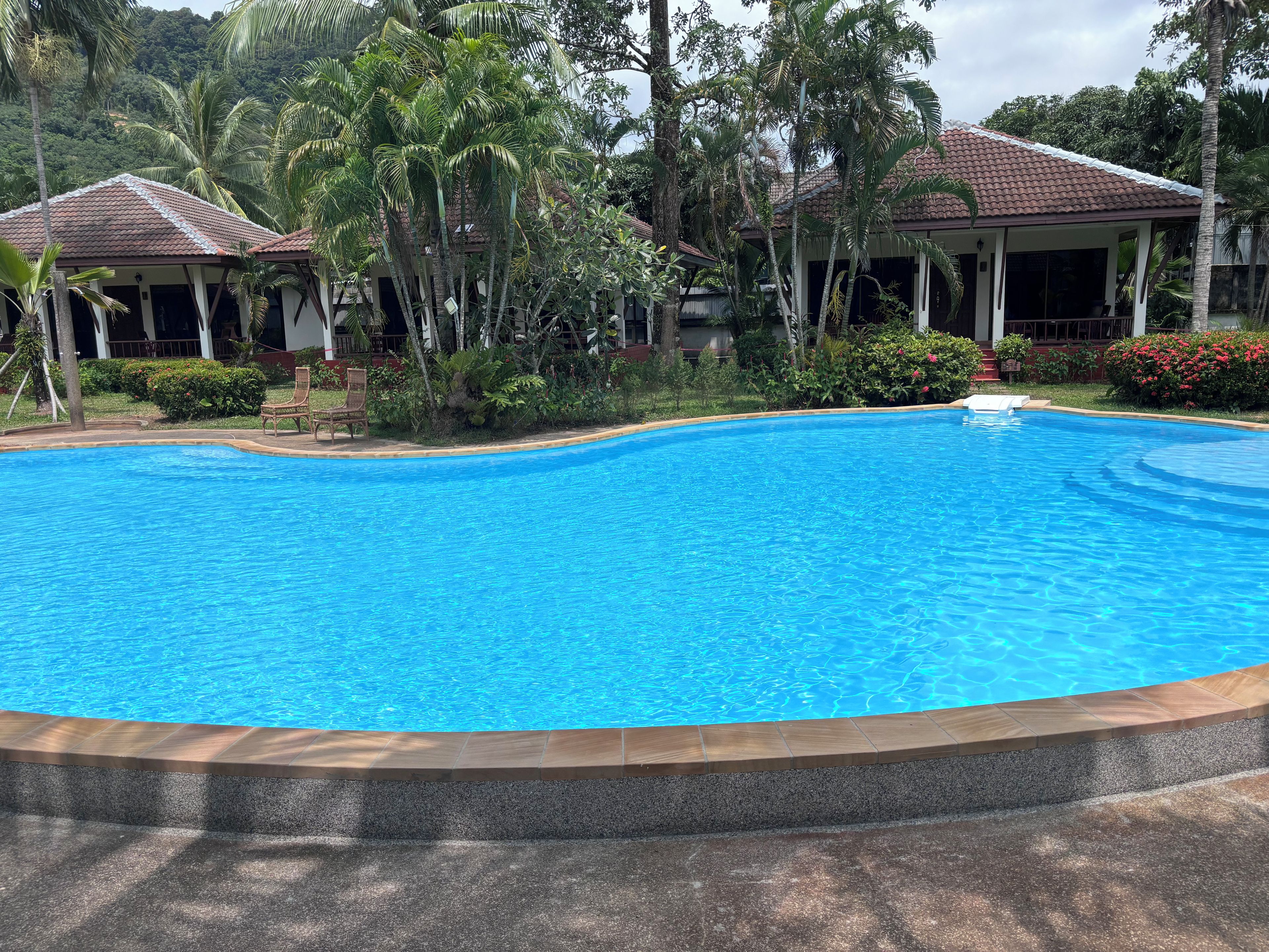 Una piscina azul cristalina rodeada de abundante vegetación y un edificio con tejado de baldosas.