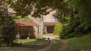A stone building with a red roof, a covered outdoor seating area, and a dog sitting on a path.