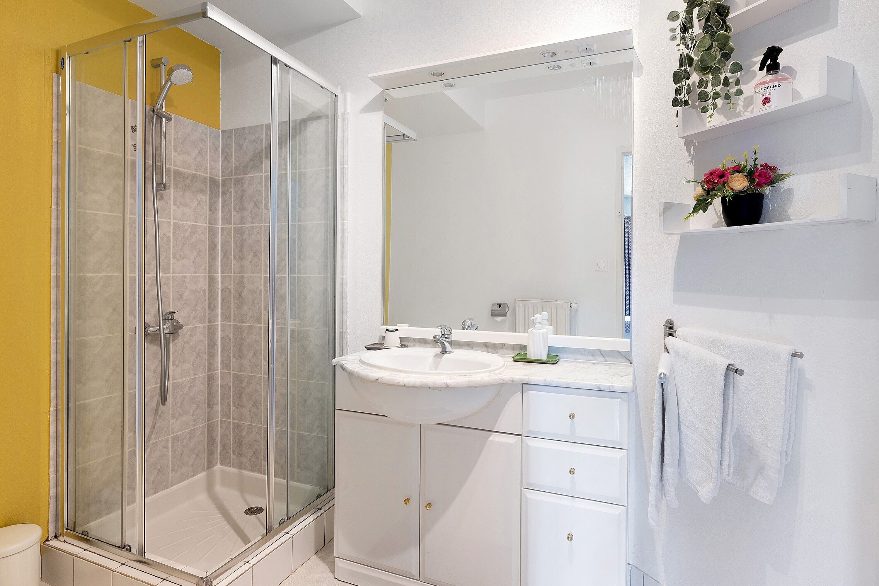 Een moderne badkamer met een douchecabine van glas, een witte wastafel en een spiegel erboven.