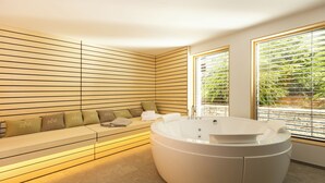 A modern bathroom with a large bathtub, a bench with cushions, and large windows with blinds.
