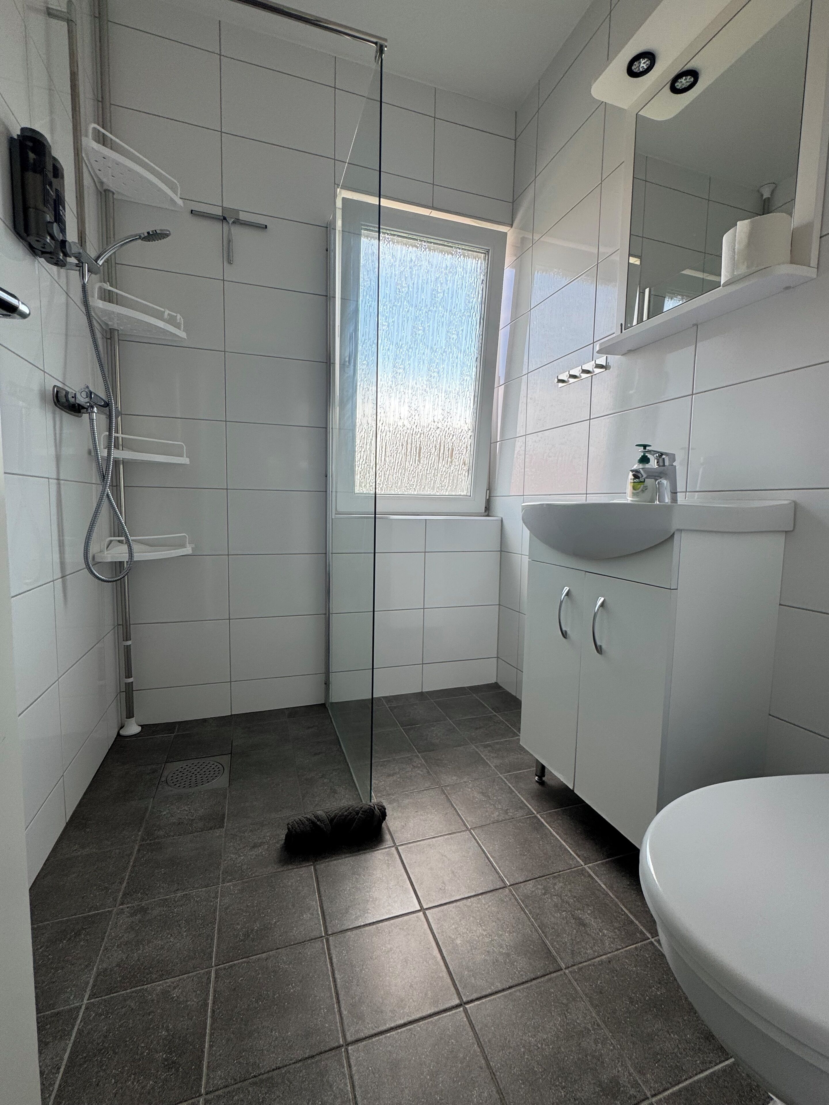 Un bagno moderno con doccia, WC, lavandino e finestra.