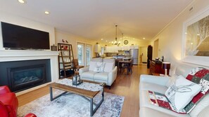 TV, fireplace, books