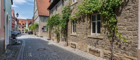 A cobblestone street lined with historic stone buildings, some with vines.