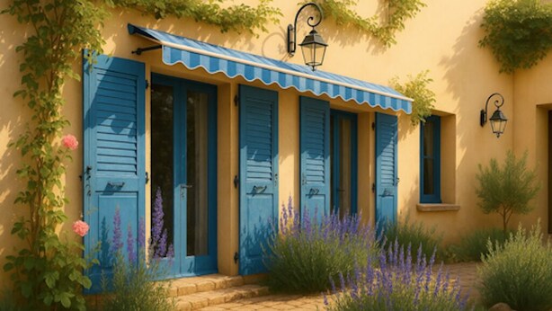 Ein Gebäude mit blauen Fensterläden, einer gefliesten Eingangspforte und einem Garten mit Lavendel.