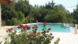 Ein Schwimmbad, umgeben von üppiger Vegetation und einer Pergola.