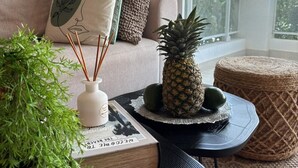 En hyggelig stue med en sofa, et sofabord, en potteplante, en ananas og en bog.