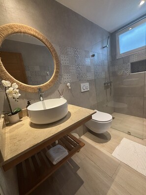 Regadera, secadora de cabello, toallas, jabón 