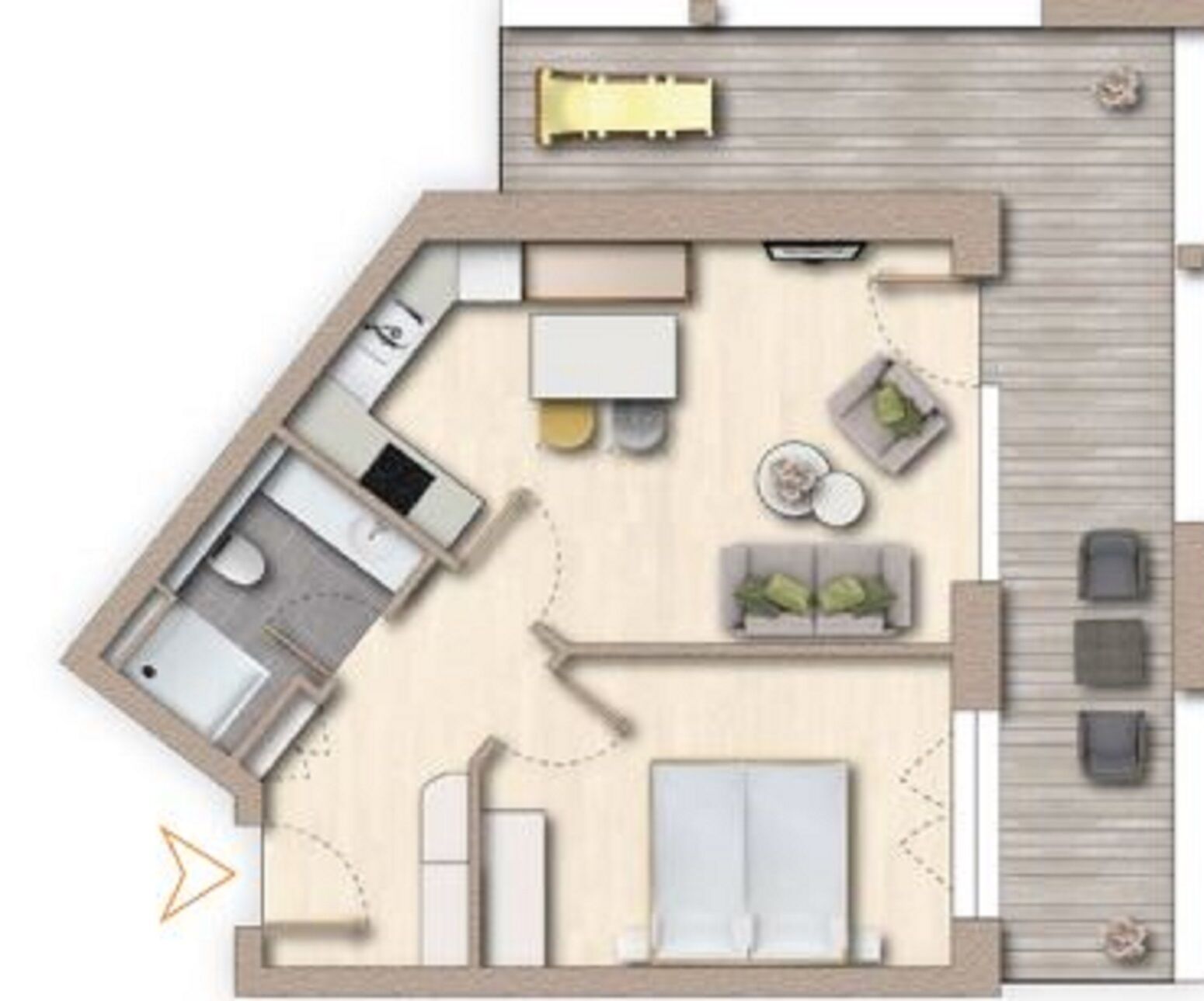 A floor plan of a hotel room with a kitchenette, a seating area with a sofa and chairs, a bed, and a small balcony.