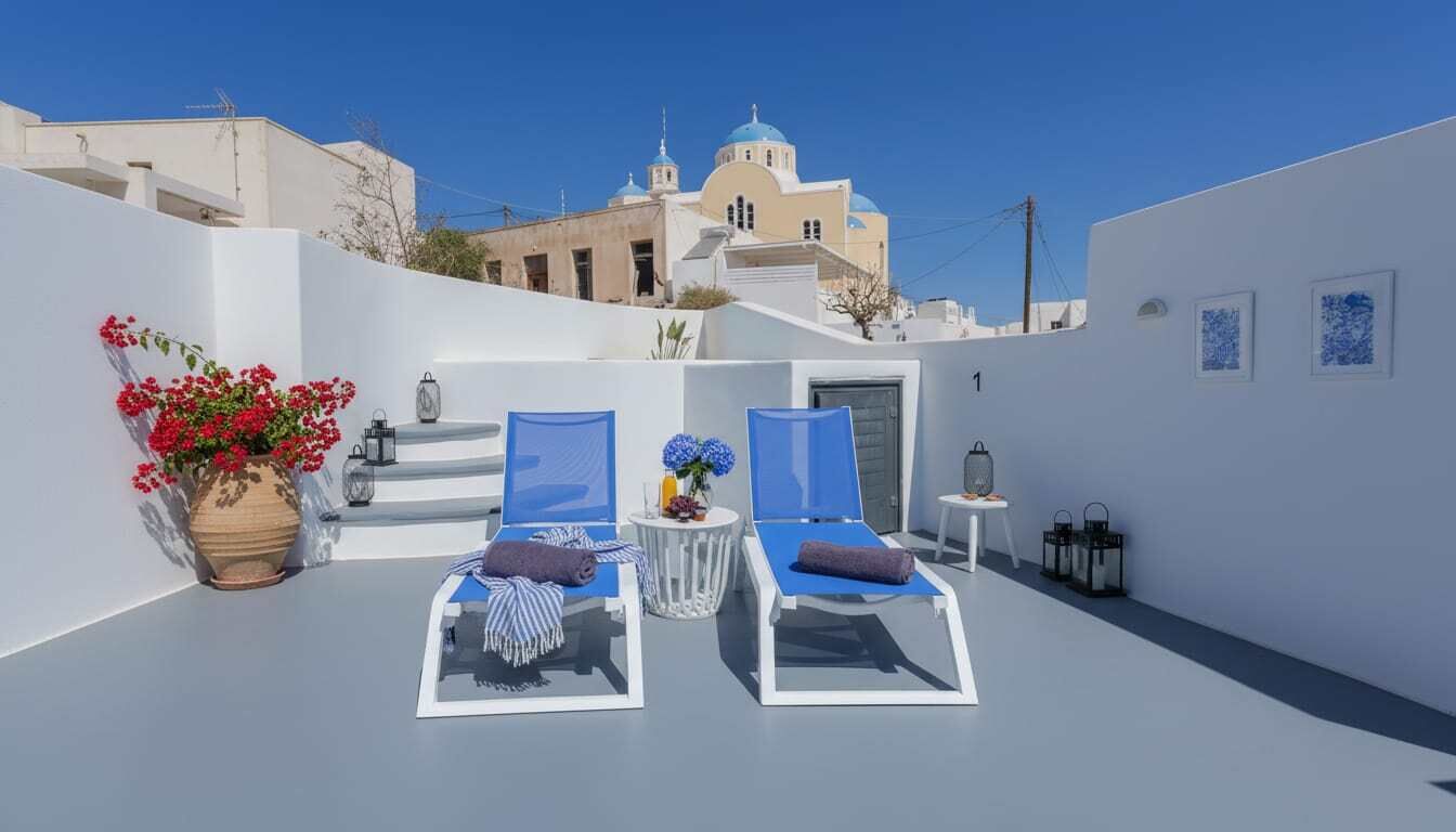 A rooftop terrace with two lounge chairs, a potted plant, and a small table with a vase of flowers.