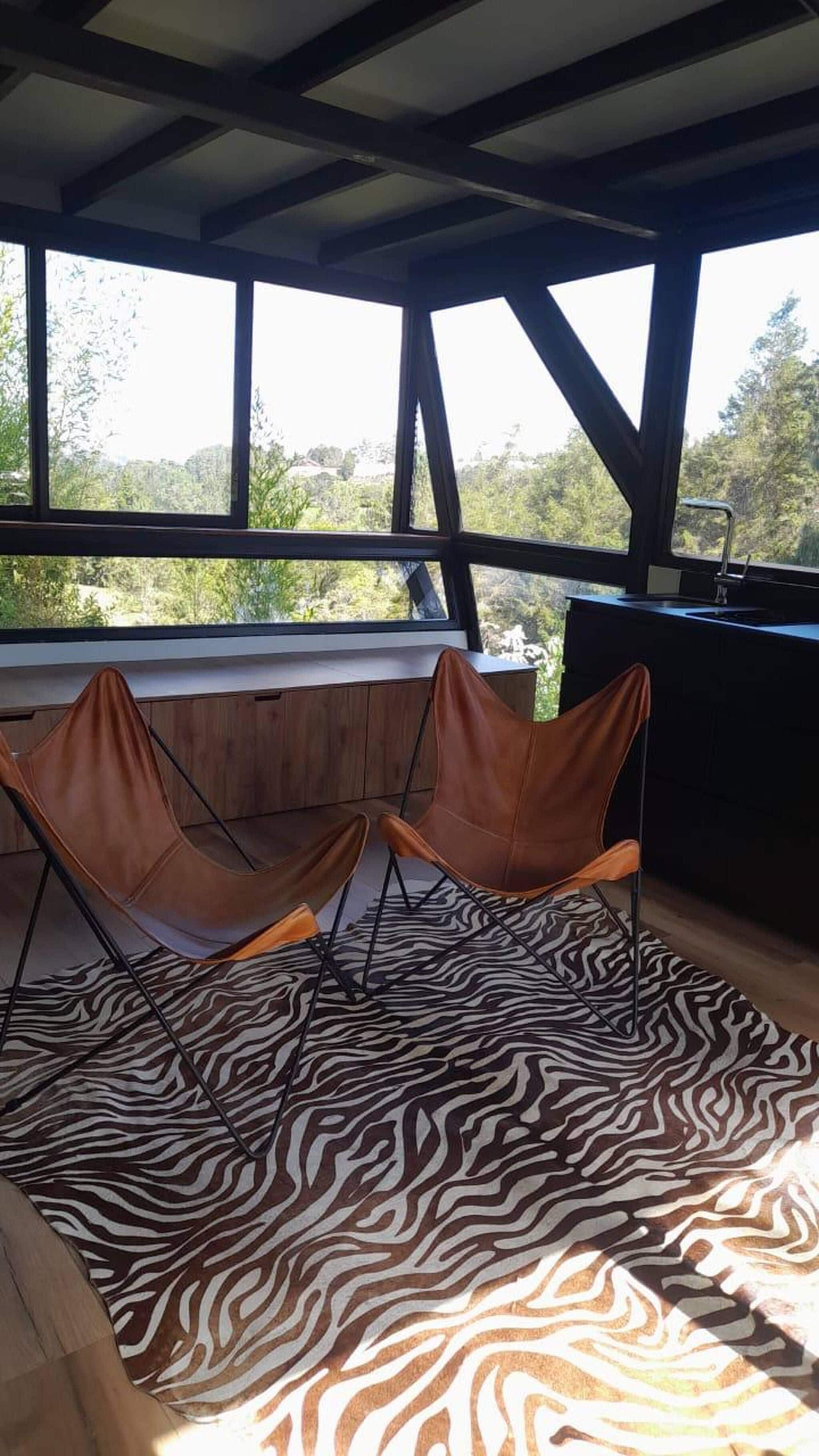 Una habitación con un alfombra estampado con motivos de cebra, dos sillas marrones, un armario de madera y vistas a la vegetación a través de grandes ventanales.