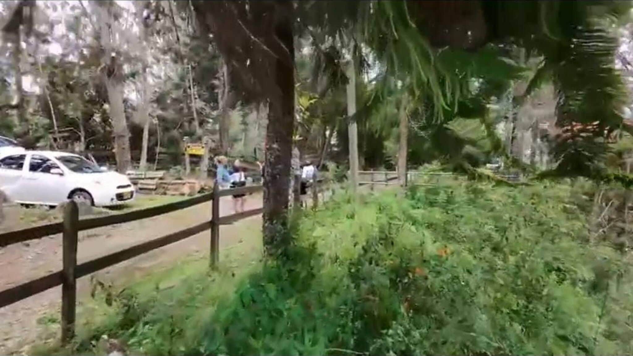 Entorno natural con una valla de madera, un coche blanco y una persona caminando.